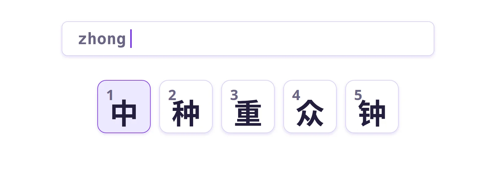 Você digita "zhong" e o programa sugere os caracteres pronunciados assim.